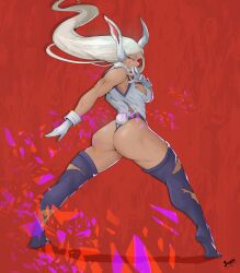 1girl absurdres animal_ears artist_name ass bare_shoulders boku_no_hero_academia breasts clothing_cutout commentary cuts dark-skinned_female dark_skin english_commentary floating_hair from_behind fur_collar gloves hand_up highleg highleg_leotard highres injury juggler_(sun_juggler) large_breasts leotard long_eyelashes long_hair looking_at_viewer mirko parted_bangs purple_thighhighs rabbit_ears rabbit_girl rabbit_tail red_background red_eyes scratches sleeveless_turtleneck_leotard solo tail tail_through_clothes taut_leotard thick_thighs thighhighs thighs tiptoes toned toned_female torn_clothes torn_leotard torn_thighhighs very_long_hair white_gloves white_hair white_leotard