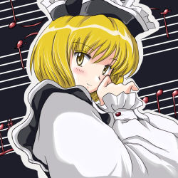 1girl blonde_hair blush female_focus flx hat looking_at_viewer lowres lunasa_prismriver musical_note short_hair smile solo touhou yellow_eyes