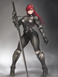 1girl abs armor boobplate breastplate breasts chainmail full_body gauntlets hairband highres knight legs_apart long_hair muscular muscular_female original red_hair solo sword takebouzu weapon zweihander