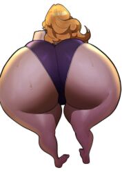 1girl absurdres ass ass_focus barefoot bleach doublehero highres leaning_forward long_hair matsumoto_rangiku orange_hair simple_background swimsuit wet white_background