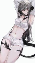 1girl armpits arms_up au_ra black_eyes black_hair breasts criss-cross_halter crop_top detached_sleeves dragon_girl dragon_horns dragon_tail final_fantasy final_fantasy_xiv halterneck highres horns long_hair looking_at_viewer maho_moco midriff navel scales shorts solo tail warrior_of_light_(ff14) white_background white_shorts
