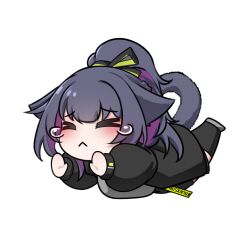 Rule 34 | &gt; &lt;, 1girl, :&lt;, animal ears, arknights, black jacket, blush, chibi, chibi only, closed mouth, colored inner hair, commentary, english commentary, full body, jacket, jessica (arknights), jessica the liberated (arknights), k0ng, long sleeves, medium hair, multicolored hair, no nose, outstretched arms, pink hair, puffy long sleeves, puffy sleeves, purple hair, simple background, solo, tail, tearing up, white background