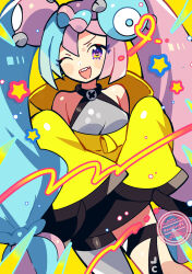 alternate_hairstyle anidler91 bow-shaped_hair character_hair_ornament fake_hair_bun grey_pantyhose hair_ornament hexagon_print highres iono_(pokemon) jacket multicolored_hair oversized_clothes pantyhose pokemon pokemon_sv sharp_teeth single_leg_pantyhose sleeves_past_fingers sleeves_past_wrists split-color_hair teeth twintails two-tone_hair very_long_sleeves x yellow_jacket