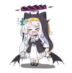 &gt;_&lt; 1girl ahoge animal_ear_headwear animal_ears black_halo black_horns blue_archive blue_neckerchief blush braid cat_ears chibi collarbone commentary cosplay demon_girl demon_horns demon_wings e_v_e_neko fake_animal_ears fang flower flying_sweatdrops frilled_skirt frills full_body furrowed_brow hair_flower hair_ornament hairclip halo highres hina_(blue_archive) horns horns_through_headwear long_hair long_sidelocks low-tied_long_hair low_wings mari_(blue_archive) mari_(blue_archive)_(cosplay) mary_janes multiple_horns neckerchief nervous_sweating nun open_mouth own_hands_clasped own_hands_together parallel_hairclips parted_bangs praying purple_eyes purple_halo school_uniform serafuku shoes side_braid sidelocks simple_background skin_fang skirt socks solo standing sweat symbol-only_commentary tearing_up very_long_hair white_background white_flower white_hair white_serafuku white_socks wings
