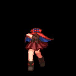 animated animated_gif ankle_boots attack black_footwear boots cape cloak collar commentary headless isu_(is88) lowres pixel_art pleated_skirt red_cape red_cloak sekibanki skirt spinning sprite touhou transparent_background