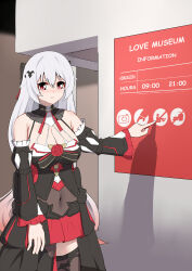 1girl absurdres armpit_crease bare_shoulders black_bow black_collar black_dress blush bow breasts closed_mouth collar covered_navel detached_sleeves dress embarrassed english_text hair_between_eyes hair_bow highres honkai_(series) honkai_impact_3rd large_breasts long_hair long_sleeves marin_liekuriva pointing red_eyes red_skirt skirt solo tearing_up theresa_apocalypse theresa_apocalypse_(luna_kindred) theresa_apocalypse_(lunar_vow:_crimson_love) thighs very_long_hair