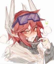 1boy adjusting_clothes alternate_costume aotu_world black_sweater blush breath chinese_commentary eyewear_on_head goggles goggles_on_head hair_between_eyes hand_up headgear hood hoodie long_sleeves looking_at_viewer male_focus mask mask_pull mengmengheibaiwuchang mouth_mask open_mouth pius_(aotu_world) pointy_ears portrait red_eyes red_hair scar scar_on_face sharp_teeth short_hair simple_background sketch slit_pupils solo sweater teeth turtleneck turtleneck_sweater upper_body white_background white_hoodie