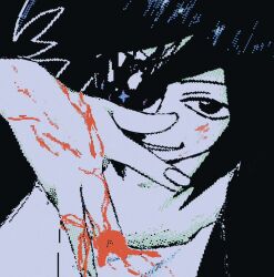 1boy black_background black_eyes black_hair bleeding blood blood_on_face blood_on_hands hand_up highres injury jaggy_lines looking_at_viewer male_focus randal&#039;s_friends severed_finger short_hair solo tsukada_satoru upper_body uri_ka55