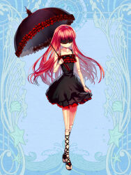 1girl black_dress black_umbrella blue_background chardoll_primavista dairoku_ryouhei doll_joints dress eye_mask frilled_umbrella frills full_body holding holding_umbrella joints kokuzu long_hair parasol red_hair sandals skirt_hold solo standing umbrella