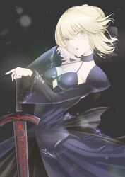 Rule 34 | 1girl, absurdres, artoria pendragon (fate), beatrix vivi, black ribbon, blonde hair, breasts, cleavage, excalibur morgan (fate), fate/grand order, fate (series), hair bun, highres, long sleeves, looking at viewer, medium breasts, medium hair, open mouth, ribbon, saber alter, single hair bun, solo, sword, weapon, yellow eyes