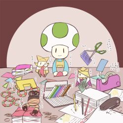 1boy 1girl apron black_eyes blonde_hair blue_shirt brother_and_sister brown_background cape closed_mouth colored_pencil colored_pencils_(paper_mario) commentary_request crown hair_over_one_eye hat hole_punch_(paper_mario) hole_puncher king_olly long_hair long_sleeves mario_(series) mini_person miniboy minigirl motion_lines nintendo olivia_(paper_mario) origami origami_craftsman paper paper_mario paper_mario:_the_origami_king paper_stack pencil pencil_case pocket purple_cape purple_shirt rubber_band rubber_band_(paper_mario) scissors scissors_(paper_mario) shirt short_hair siblings smile solid_oval_eyes stapler stapler_(paper_mario) sweatdrop tape tape_(paper_mario) translation_request yellow_apron yellow_crown yellow_hat yurui_houki
