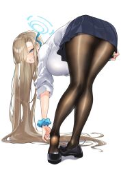 Rule 34 | 1girl, asuna (blue archive), bent over, black shoes, blue archive, blue eyes, blue halo, blue nails, blue ribbon, blue scrunchie, blue skirt, blush, breasts, brown pantyhose, feet, fengsao hua tanzhang, from behind, full body, hair ribbon, halo, heel pop, highres, kneepits, large breasts, legs, light brown hair, loafers, long hair, looking at viewer, looking back, miniskirt, pantyhose, pleated skirt, ribbon, school uniform, scrunchie, shirt, shoes, simple background, skirt, smile, soles, solo, teeth, thighs, very long hair, white background, white shirt, wrist scrunchie