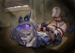 Rule 34 | 1girl, arms behind back, bdsm, black gloves, black jacket, bondage, bound, bound ankles, bound arms, bound legs, bound thighs, bound toes, collar, drill hair, drill ponytail, eyewear on head, fingerless gloves, gag, gagged, gloves, grey eyes, grey hair, hogtie, honkai: star rail, honkai (series), improvised gag, jacket, long hair, looking at viewer, ponytail, purple-tinted eyewear, red rope, restrained, rope, shibari, shibari over clothes, shirt, shorts, silver wolf (honkai: star rail), single-shoulder shirt, single drill, slave, solo, tape, tape gag, thigh strap, tinted eyewear, tsugumi0705
