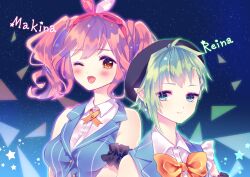 2girls ;d androgynous bandana bare_shoulders beret black_hat blue_background blue_eyes breasts buttons character_name closed_mouth dark_background eri. glowing green_hair hat highres macross macross_delta makina_nakajima medium_breasts multiple_girls one_eye_closed open_mouth orange_eyes outline pink_hair red_bandana reina_prowler single_sidelock single_sleeve smile star_(symbol) triangle_background twintails