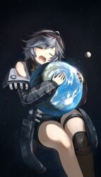 Rule 34 | 1girl, absurdres, bandana, black shorts, brown eyes, commission, douibotan, earth (planet), g11 (girls&#039; frontline), giant, giantess, girls&#039; frontline, girls&#039; frontline 2: exilium, green jacket, grey hair, highres, holding planet, jacket, mechty (girls&#039; frontline 2), moon, one eye closed, open mouth, planet, red bandana, second-party source, shirt, short hair, short shorts, shorts, skeb commission, sleeveless, sleeveless shirt, solo, space, thighs