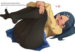 Rule 34 | 1girl, absurdres, animanghayo, black hair, black pantyhose, blush, brown eyes, clip studio paint (medium), commentary, dark-skinned female, dark skin, english commentary, feet, full body, half-closed eyes, highres, ijiranaide nagatoro-san, long hair, long sleeves, looking at viewer, lying, nagatoro hayase, on back, panties, panties under pantyhose, pantyhose, patreon logo, patreon username, simple background, solo, subscribestar logo, subscribestar username, sweater, toes, underwear, watermark, web address, white background, yellow sweater