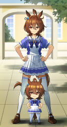 2girls absurdres agnes_tachyon_(umamusume) ahoge animal_ears brown_hair chibi commentary_request earrings franz2543 hair_between_eyes hands_on_own_hips highres horse_ears horse_girl horse_tail jewelry long_sleeves mini_person minigirl multiple_girls red_eyes school_uniform shirt single_earring standing tail tracen_school_uniform umamusume umayuru
