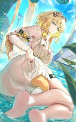Rule 34 | 1girl, absurdres, aglaea (honkai: star rail), aqua eyes, blonde hair, breast tattoo, colored inner hair, dress, gold tattoo, head wreath, highres, honkai: star rail, honkai (series), laurel crown, medium hair, multicolored hair, nail polish, otabaaa, soles, solo, tattoo, thread, white dress, yellow nails
