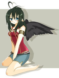 1girl aqua_eyes barefoot black_hair black_wings blue_eyes blush breasts feet female_focus fire_emblem fire_emblem:_radiant_dawn green_eyes kneeling laguz_(race) lowres miyako_(mongcocoa) mongcocoa nintendo pointy_ears small_breasts solo vika_(fire_emblem) wings