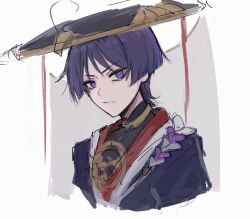 1boy black_bodysuit black_hair black_hat black_kimono black_sleeves blunt_ends bodysuit cropped_torso eyeliner eyeshadow genshin_impact gold grey_pupils grey_veil hat highres japanese_clothes jewelry juban kimono light_frown makeup male_focus mandarin_collar multicolored_hair neck_ring parted_lips purple_eyes purple_hair purple_rope red_eyeliner red_eyeshadow red_kimono rope scaramouche_(genshin_impact) sgm618 shimenawa sketch solo streaked_hair tsurime veil white_background white_kimono white_rope wispy_bangs