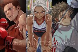 Rule 34 | 1girl, 2boys, :p, animal ears, artist name, bare shoulders, black buruma, blonde hair, blue eyes, boku no hero academia, boxing gloves, brown hair, buruma, commentary, dark-skinned female, dark skin, endeavor (boku no hero academia), english commentary, english text, facial hair, fencing suit, flag print, foil (fencing), gloves, hand up, hands on own knees, hands up, hawks (boku no hero academia), helmet, holding, holding helmet, japanese flag, japanese flag print, kadeart, leaning forward, long eyelashes, long hair, looking at viewer, mirko, multiple boys, olympics, rabbit ears, rabbit girl, red eyes, red gloves, red tank top, scar, scar across eye, scar on face, short hair, smile, spiked hair, sportswear, stubble, sweat, tank top, thighs, toned, toned female, tongue, tongue out, track uniform, v-shaped eyebrows, very long hair, white hair