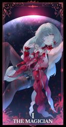 1girl absurdres arm_up armpits bandage_over_one_eye black_pantyhose breasts commentary_request detached_sleeves dress earrings english_text fingernails grey_eyes grey_hair highres jewelry looking_at_viewer pantyhose parted_lips phrolova_(wuthering_waves) red_dress red_nails red_pupils red_sleeves shigureszku single_detached_sleeve small_breasts solo tarot the_magician_(tarot) wuthering_waves