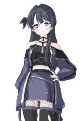 Rule 34 | 1girl, ampere (love live!), bare shoulders, black choker, black hair, black shirt, black thighhighs, blue coat, blue eyes, blue skirt, blush, choker, coat, collarbone, commentary request, crop top, cropped shirt, fishnet pantyhose, fishnets, hair intakes, half updo, hand on own hip, highres, link! like! love live!, long hair, long sleeves, love live!, midriff, miniskirt, mole, mole on neck, murano sayaka, natsu (natsukikenken), o-ring, official alternate costume, open clothes, open coat, pantyhose, parted lips, pointing out the details, puff of air, puffy long sleeves, puffy sleeves, shirt, simple background, skirt, sleeveless, sleeveless shirt, solo, thighhighs, thighhighs over pantyhose, torn clothes, torn thighhighs, virtual youtuber, white background