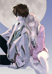 1boy 1girl artist_name black_pants blonde_hair blue_eyes blunt_bangs breasts brown_hair cardigan cleavage closed_eyes closed_mouth commentary_request couple feet_out_of_frame full_moon green_tank_top gundam gundam_wing hair_between_eyes heero_yuy hetero jacket kajikaono leaning_on_person long_hair medium_breasts moon pants pink_cardigan relena_peacecraft shirt short_hair sitting sleeves_past_wrists tank_top white_jacket white_shirt