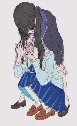 2girls bent_over black_hair black_jacket blue_cardigan blue_hair blue_skirt braid cardigan closed_eyes half_up_braid highres jacket kamatama_rom lize_helesta lize_helesta_(4th_costume) long_hair multicolored_hair multiple_girls nijisanji pleated_skirt ponytail school_uniform simple_background skirt squatting standing thighhighs tsukino_mito tsukino_mito_(1st_costume) two-tone_hair virtual_youtuber white_background white_hair white_thighhighs