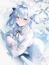 Rule 34 | 1girl, absurdres, against railing, bang dream!, bang dream! it&#039;s mygo!!!!!, blue hair, blush, breasts, buttons, center-flap bangs, collared shirt, commentary request, flower, hair intakes, hair ribbon, highres, long hair, long sleeves, looking at viewer, medium breasts, mixed-language commentary, open mouth, plaid clothes, plaid skirt, railing, ribbon, shirt, sidelocks, skirt, solo, togawa sakiko, two side up, white background, white flower, white shirt, xiongshouji, yellow eyes