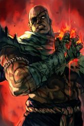 1boy abs bald capcom cleft_chin eyepatch fire glowing hand_up hand_wraps hungry_clicker male_focus manly muscular no_pupils robe rope rope_belt sagat scar simple_background solo street_fighter street_fighter_v topless_male