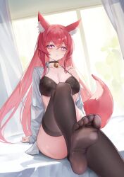 1girl absurdres animal_ears bare_shoulders bed bell black_bra black_thighhighs blush bra breasts cleavage commission curtains feet heart heart-shaped_pupils highres indoors knee_up large_breasts long_hair looking_at_viewer neck_bell off_shoulder original parted_lips rable red_eyes red_hair sitting soles solo symbol-shaped_pupils tail thighhighs thighs toes underwear window