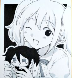 1girl ;d black_background blush border buttons center_frills character_doll collared_shirt commentary doll frills greyscale hair_between_eyes happy hikaru_(ofuton_at5) holding holding_doll kuroki_tomoko looking_at_viewer monochrome neck_ribbon necktie nemoto_hina one_eye_closed open_mouth outside_border ribbon shirt sidelocks smile solo split_mouth two_side_up upper_body watashi_ga_motenai_no_wa_dou_kangaetemo_omaera_ga_warui! white_border