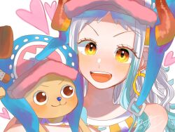 1boy 1girl blue_hair blue_nose commentary_request cross earrings hat heart hood horns jewelry looking_at_another looking_at_viewer n_fuyuakatsuki one_piece open_mouth sidelocks signature smile tony_tony_chopper upper_body white_hair yamato_(one_piece)