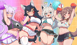!? 4girls ? absurdres ahoge animal_collar animal_ear_fluff animal_ears arm_up armpits arms_up black_choker black_collar black_hair black_shirt black_skirt blue_footwear blush bone_hair_ornament boxing_gloves braid breasts brown_hair cartoon_bone cat_ears cat_girl cat_tail character_name cheering cheerleader choker cleavage closed_mouth clothes_writing collar crop_top crop_top_overhang cropped_shirt dog_ears dog_girl fox_ears fox_girl french_braid gradient_background hair_ornament hairclip highres holding holding_pom_poms hololive hololive_gamers inugami_korone jumping kani_bonara large_breasts long_hair looking_at_another looking_at_viewer microskirt midriff multicolored_hair multiple_girls navel nekomata_okayu no_bra nose_blush ookami_mio open_mouth orange_eyes panties pantyshot pleated_skirt pom_pom_(cheerleading) pom_poms purple_hair red_collar red_footwear red_hair shirakami_fubuki shirt shoes short_hair side_braid skindentation skirt smile sneakers sports_bra stomach streaked_hair sweat sweatdrop tail thick_thighs thighhighs thighs twin_braids underboob underwear virtual_youtuber white_hair white_panties white_shirt white_skirt white_sports_bra white_thighhighs wolf_ears wolf_girl