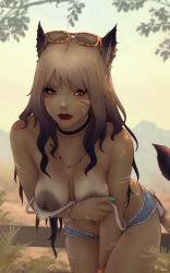 1girl animal_ears aqua_nails arm_markings bent_over black_choker blurry blurry_background bracelet breasts brown_hair cat_ears cat_tail choker commentary cutoffs dark-skinned_female dark_skin day english_commentary eyewear_on_head facial_mark final_fantasy final_fantasy_xiv grey_eyes highres jewelry long_hair looking_at_viewer medium_breasts miqo&#039;te navel navel_piercing nipple_piercing nipples open_fly outdoors piercing red_lips slit_pupils soranamae tail warrior_of_light_(ff14) whisker_markings