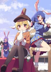 4girls :3 alternate_costume ambiguous_red_liquid animal_ears black_hair black_kimono black_thighhighs blonde_hair bloomers blue_dress blue_hair blue_sky brown_footwear cloud crescent_print dress eating floppy_ears food highres hiyaya_(kochi_michikaze) inaba_tewi japanese_clothes kimono kine long_hair long_sleeves mallet mochi multiple_girls outdoors pink_kimono purple_hair rabbit_ears rabbit_girl red_eyes reisen_udongein_inaba ringo_(touhou) seiran_(touhou) short_hair sitting sky snow_rabbit socks standing standing_on_one_leg star_(symbol) star_print thighhighs touhou underwear white_socks