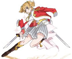1girl aiguillette arm_behind_back belt belt_buckle blonde_hair boots buckle closed_mouth commentary_request daiba_nana dual_wielding epaulettes full_body fur-trimmed_jacket fur_trim glint green_eyes green_ribbon grey_skirt hair_between_eyes hair_ribbon highres holding holding_sword holding_weapon jacket jacket_on_shoulders knee_boots korean_commentary leg_up light_blush light_smile looking_ahead miniskirt pleated_skirt red_jacket red_sash reflection ribbon sash short_twintails shoujo_kageki_revue_starlight shoulder_sash simple_background single_stripe skirt solo sparkle standing standing_on_one_leg striped_clothes striped_skirt sword tassel twintails waist_cape weapon white_background white_jacket yayaho yellow_belt