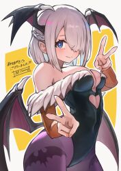 1girl absurdres animal_print ap_cammy bare_shoulders bat_print bat_wings beyblade beyblade:_burst black_leotard blue_eyes braid breasts bridal_gauntlets cleavage clothing_cutout cosplay darkstalkers demon_girl double_v fur-trimmed_leotard fur_trim grey_hair hair_over_one_eye half_up_braid head_wings heart_cutout highleg highleg_leotard highres large_breasts leotard looking_at_viewer morrigan_aensland morrigan_aensland_(cosplay) off-shoulder_leotard pantyhose print_pantyhose purple_pantyhose purple_wings sainen_yuko short_hair solo two-tone_background v wings yellow_background