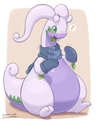blush border brown_background colored_skin commentary dated dragon english_commentary full_body gen_6_pokemon gomuhimo_(nawataro) goodra green_eyes highres large_tail mittens musical_note nintendo notice_lines open_mouth outside_border pokemon pokemon_(creature) purple_skin scarf shadow signature simple_background sitting slime_(substance) solo speech_bubble spoken_musical_note tail thick_thighs thighs white_border
