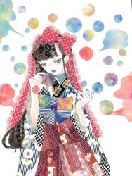 Rule 34 | 1girl, 922pochan, abstract, aqua eyes, black hair, blue kimono, blunt bangs, bow, chest bow, cowboy shot, frilled bow, frilled ribbon, frills, hair bow, half-closed eyes, hands up, highres, japanese clothes, kimono, long hair, masking tape (medium), mixed media, open mouth, original, polka dot, polka dot bow, red bow, red kimono, red nails, red ribbon, ribbon, single sidelock, solo, traditional media, unconventional media, very long hair, white background, white kimono