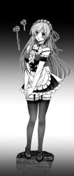 1girl :o alternate_costume apron back_bow bell black_dress blush bow breasts chaos;child collar collarbone detached_sleeves dress dress_bow eibon elbow_gloves enmaided frilled_apron frilled_dress frilled_thighhighs frills gloves greyscale hair_ribbon highres kurusu_nono long_hair maid maid_apron maid_headdress mary_janes medium_breasts monochrome neck_bell open_mouth own_hands_together ribbon shoes solo strapless strapless_dress thick_thighs thighhighs thighs translation_request unconventional_maid v_arms waist_apron white_apron white_gloves zettai_ryouiki