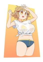 Rule 34 | 1girl, absurdres, bikini, bikini under clothes, breasts, highres, large breasts, open mouth, see-through clothes, see-through shirt, senki zesshou symphogear, shirt, slyger ex, solo, swimsuit, tachibana hibiki (symphogear), white shirt, yellow bikini, yellow eyes