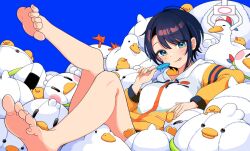 1girl :p bare_legs barefoot black_hair blue_background blue_eyes candy commentary_request feet_up food highres holding holding_candy holding_food holding_lollipop hololive hood hood_down hoodie light_blush lollipop looking_at_viewer oozora_subaru oozora_subaru_(loungewear) parted_bangs reclining short_hair simple_background solo suba_tomo_(oozora_subaru) subaru_duck tihirowo toenails tongue tongue_out two-tone_hoodie white_hoodie yellow_hoodie yellow_nails