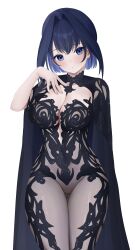 1girl absurdres black_bodysuit black_cape black_dress black_veil blue_eyes blue_hair bodysuit breasts cape chronopattern_dress cleavage commentary dress english_commentary highres hololive large_breasts looking_at_viewer meme_attire ouro_kronii short_hair simple_background solo sui1k0 veil virtual_youtuber white_background