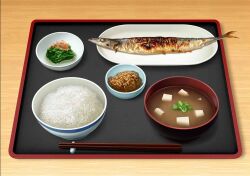 beans bowl chopsticks commentary fish_(food) food food_focus green_bean no_humans original plate rice rice_bowl soup table tofu tray wooden_table yasudagabou