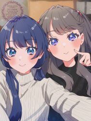 Rule 34 | 2girls, black shirt, blue eyes, blue hair, blurry, blurry background, blush, brown hair, closed mouth, commentary, finger to cheek, fujishima megumi, grey sweater, hair tie, highres, kyaku tasu, light particles, link! like! love live!, long hair, long sleeves, looking at viewer, love live!, low twintails, multiple girls, murano sayaka, nonaka kokona, photo-referenced, purple eyes, selfie, shirt, signature, smile, split mouth, sweater, tsukine kona, turtleneck, turtleneck sweater, twintails, two side up, virtual youtuber, voice actor connection, watermark
