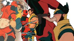 2boys anal arm_hair ass bara beard belt bleeding blood blood_on_face blue_gloves blush bodysuit bound bound_together brown_hair car_interior claws clenched_hand clenched_teeth deadpool deadpool_&amp;_wolverine deadpool_(series) erection evil_grin evil_smile facial_hair fellatio gloves grabbing_another&#039;s_ass grin groping highres holding impaled large_pectorals leg_hair looking_at_another male_focus marvel mask mikeyyangel0 multiple_boys oral pectoral_docking pectoral_press pectorals profile red_bodysuit red_mask sex simple_background sleeveless smile spread_legs superhero_costume teeth testicles tied_up_(nonsexual) two-tone_swimsuit veins wolverine_(x-men) x-men yaoi yellow_bodysuit