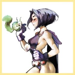 1boy 1girl arm_tattoo beast_boy_(dc) black_cape black_gloves black_leotard blush border breasts cape cowboy_shot dc_comics draw_this_in_your_style_challenge flower gloves green_fur hekaart highres holding holding_flower leotard profile raven_(dc) short_hair sideboob small_breasts squirrel strapless strapless_leotard tattoo teen_titans white_background white_flower yellow_border