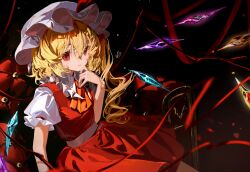 1girl ascot blonde_hair chinese_commentary closed_mouth collared_shirt commentary couch crystal flandre_scarlet frilled_shirt_collar frills hair_between_eyes hat long_hair mob_cap puffy_short_sleeves puffy_sleeves red_eyes red_skirt red_vest ringo_no_usagi shirt short_sleeves signature skirt solo touhou vest white_hat white_shirt wings yellow_ascot